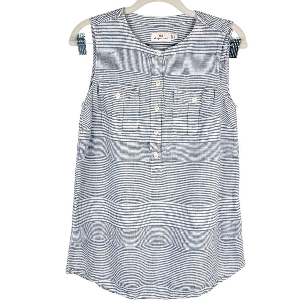 Vineyard Vines Stripped Blue White Sleevelss Button Up Linen Top Sz 2 Nautical